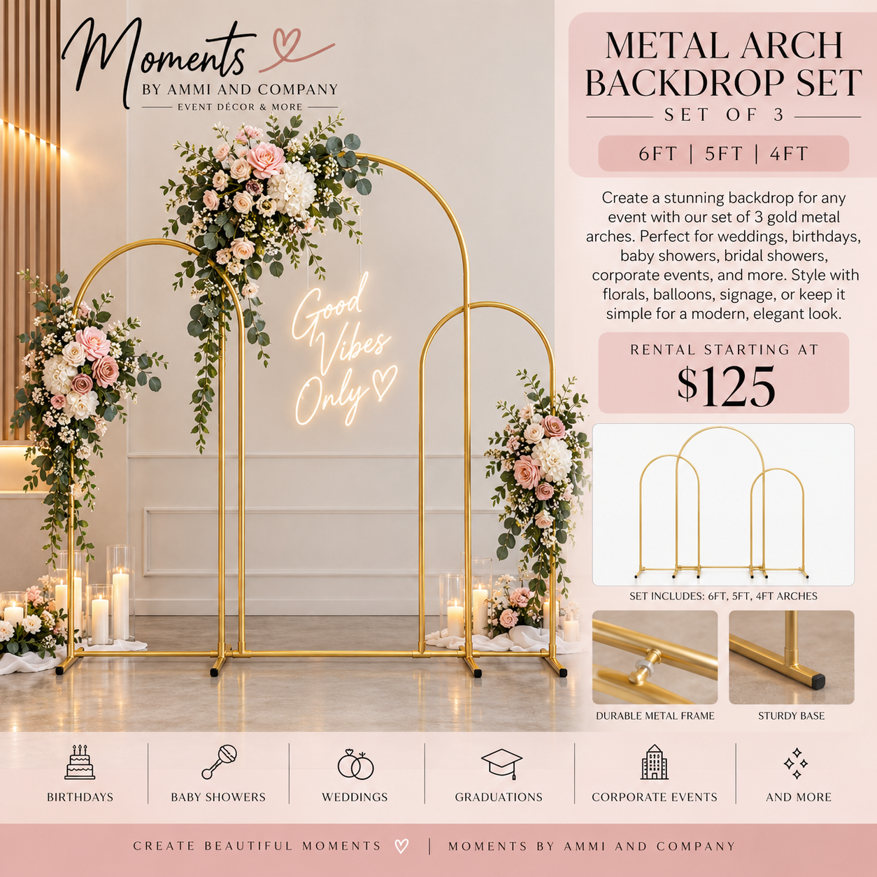Gold metal arch backdrop set of 3