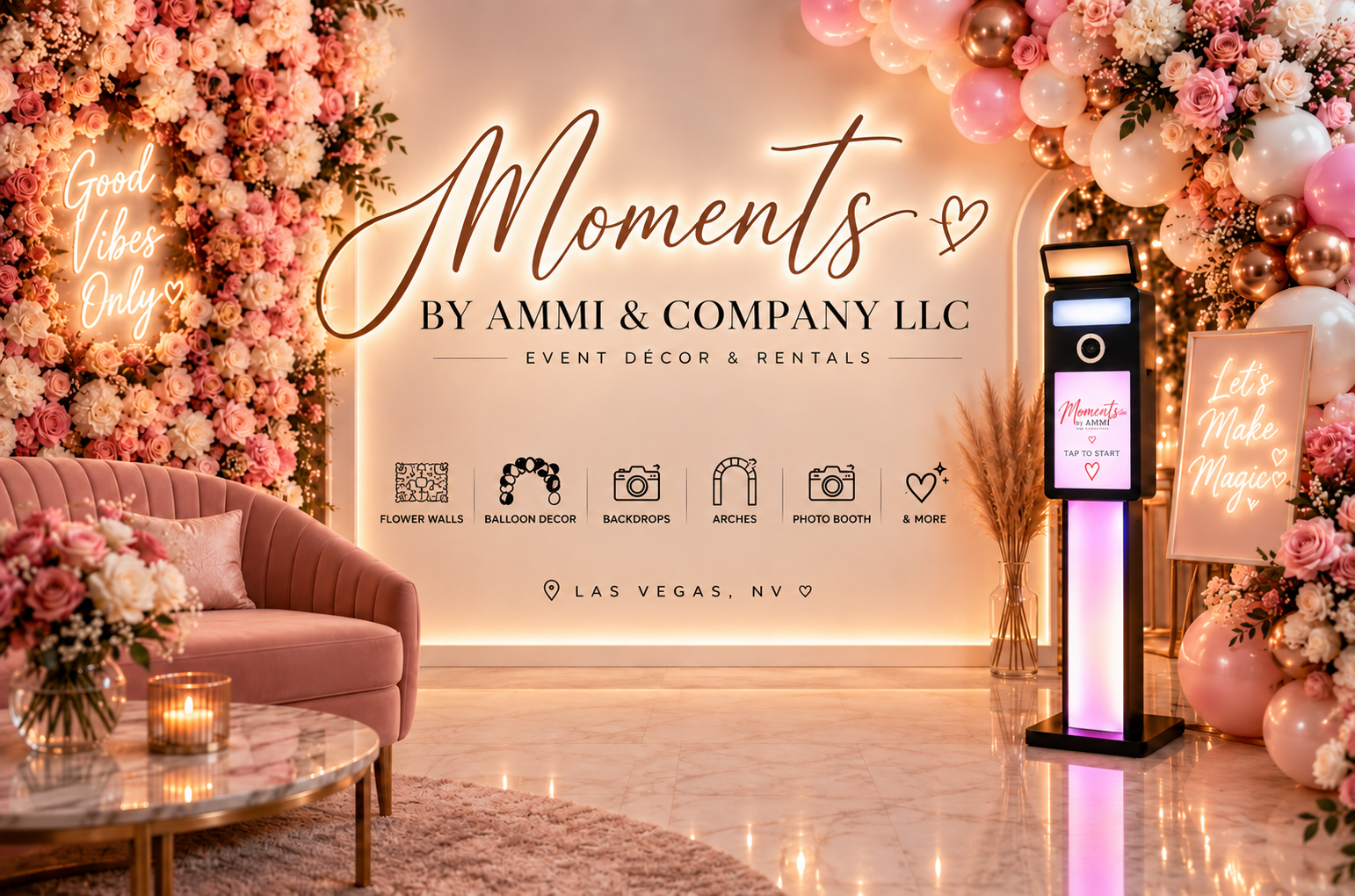 Moments by AMMI & Company LLC event décor and rentals with flower walls, balloon décor, backdrops, arches and DSLR photo booth in Las Vegas